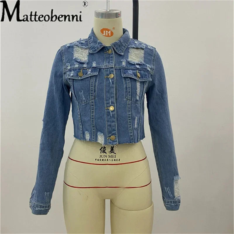 Women Sexy Slim Jackets Ripped Long Sleeve Turn-Down Collar Single Breasted Crop Denim Jackets Fashion Casual Street Clothes 250609