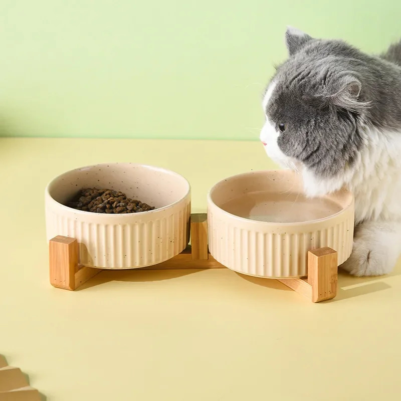 850ML Cat Double Ceramic Bowls Pet Food Water Feeding Supplies Small Medium Dogs Drink Eat Feeder with Wooden Stand 250612