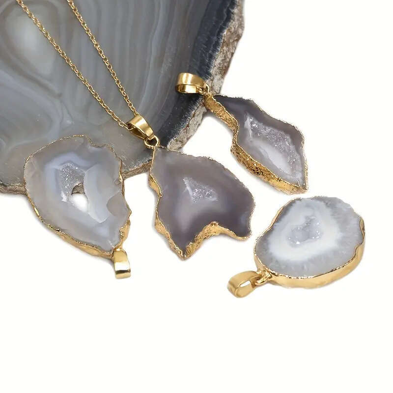 Natural Agate Geode Rough Stone Slice Gilded Edge Necklace Irregular Crystal Pendant