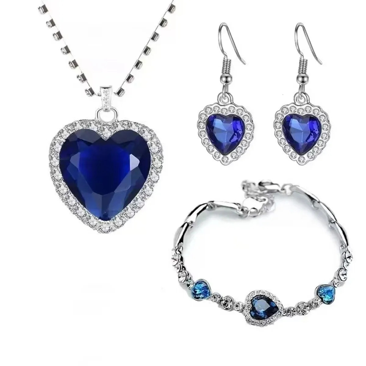 Ocean Heart Titanic Blue Pendant NecklaceVelvet Bag Fashionable Sparkling Full Diamond Eternal Love Red Sweater Chain 250610