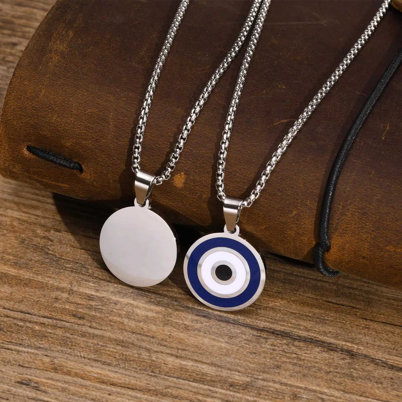 Casual Evil Blue Eye Necklaces for Men Stainless Steel Round Pendant with Box Chain Ethnic Turkish Collar Gifts Jewelry W250612
