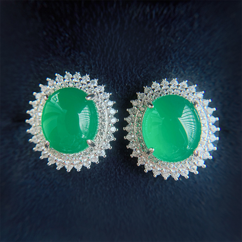 S925 Silver Jade Green Chalcedony Pendant Ring Earrings Set, Classic Design, Perfect for Weddings and Special Occasions, Elegant Fashionable Women