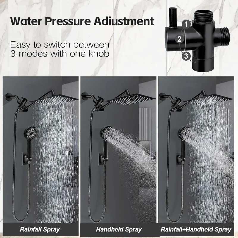 8 inch Multifunction High Pressure Rain Shower Head with Handheld Spray Combo with 11 Angle Adjustable Extension Arm/Flow R X250612