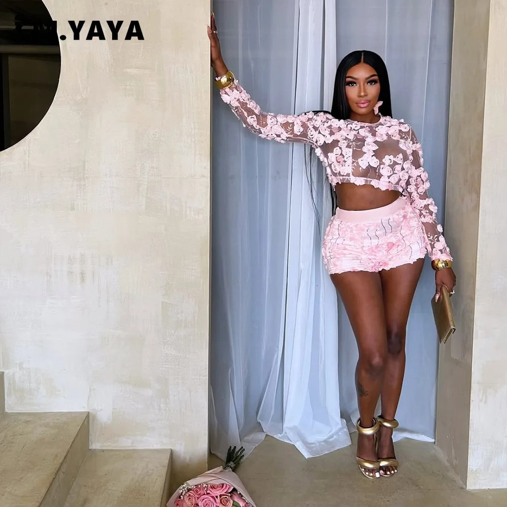 CMYAYA 3D Flower Womens Set Mesh See Through Long Sleeve Top and Shorts Suits 2025 Sweet Party Girl Two 2 Piece Sets Outfits 250612