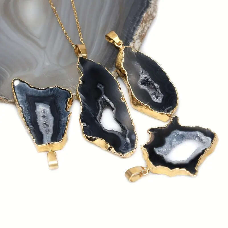 Natural Agate Geode Rough Stone Slice Gilded Edge Necklace Irregular Crystal Pendant