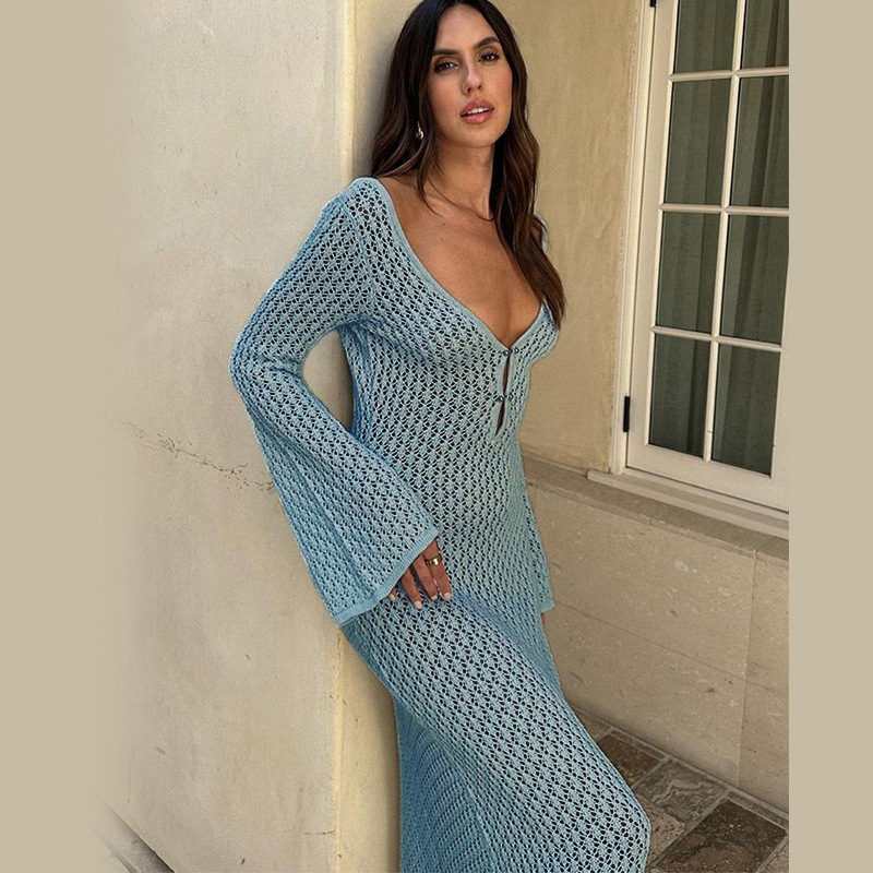 Autumn Winter New Beach Dress Solid Color Sexy Backless Knitted Hollow Out Long Dress Bikini Swimsuit Cover-Up 250327