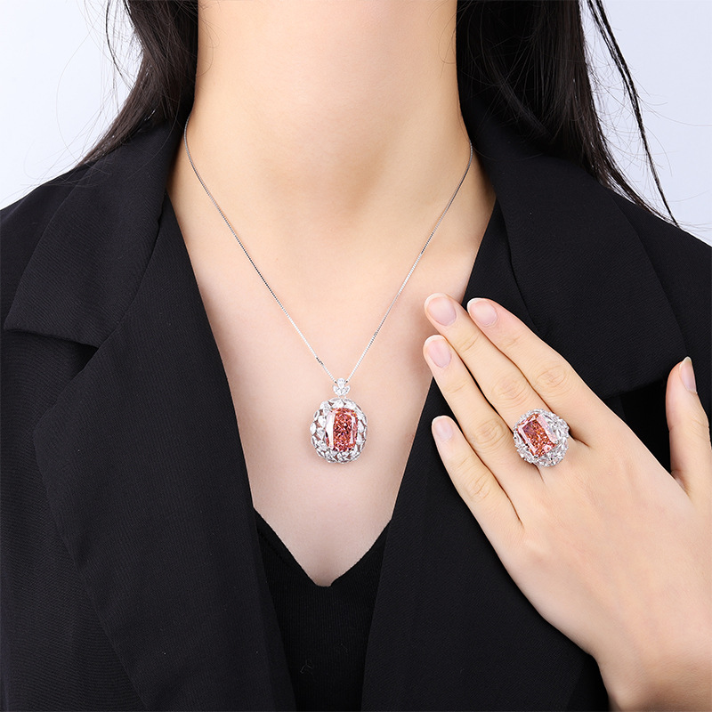 S925 Silver High Carbon Diamond Padparadscha Luxury Inlaid Set, 1318-1216 High-Quality Diamond Earrings, Ring & Necklace Set, Perfect for Weddings and