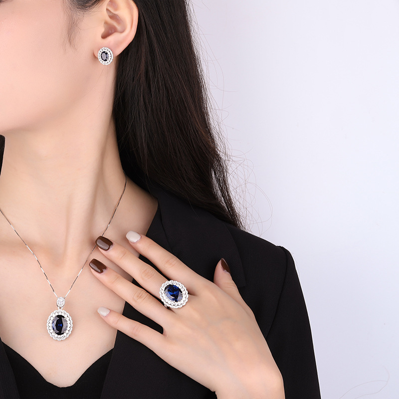 Chic S925 Sterling Silver Tanzanite-Looking Ornament Ensemble Featuring a Variety of Pieces