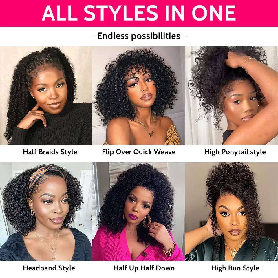 300% Glueless Wigs Human Hair Afro Kinky Curly Headband Upgrade 3 IN 1 Half Wig With Drawstring Seamless Clip Ins Flip Over