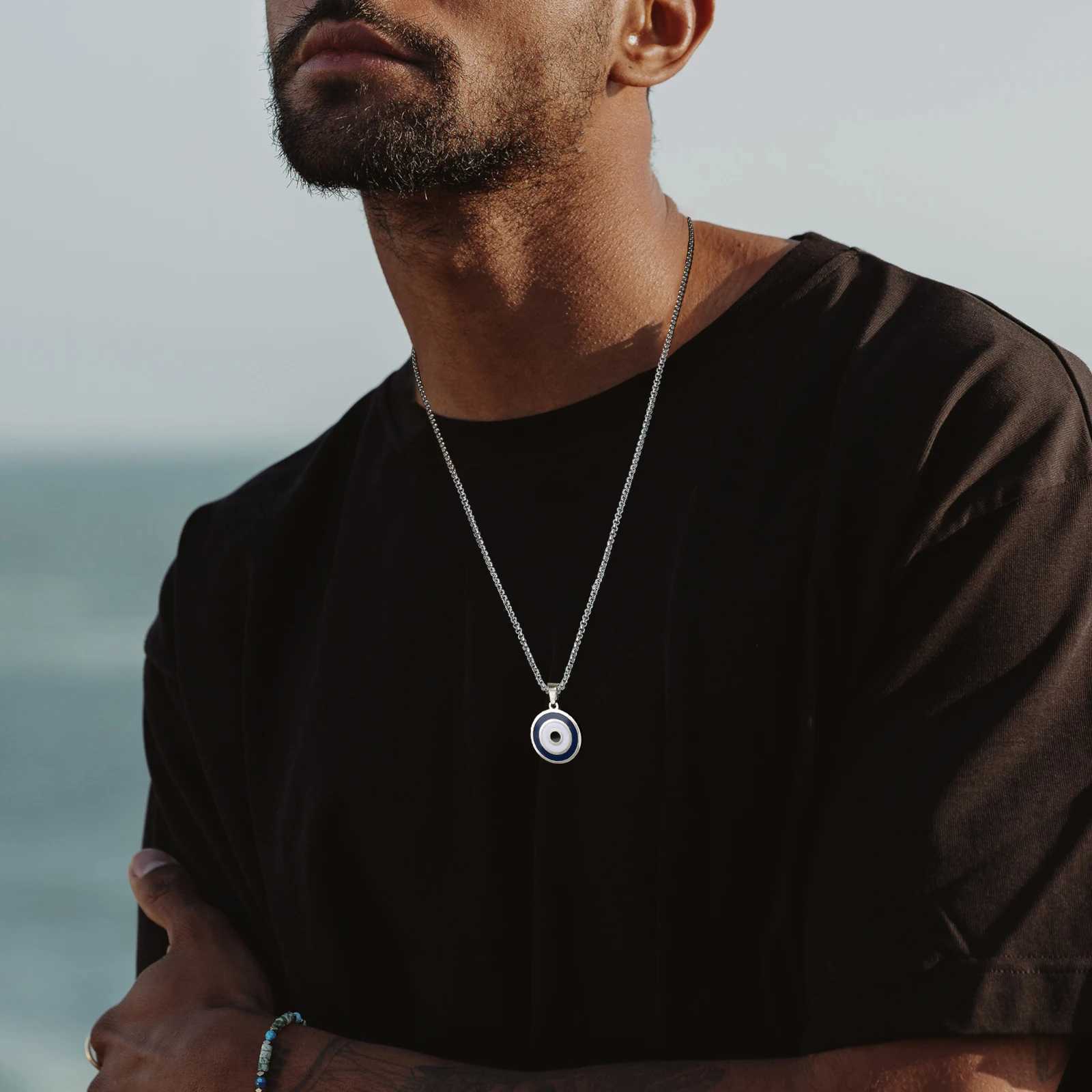 Casual Evil Blue Eye Necklaces for Men Stainless Steel Round Pendant with Box Chain Ethnic Turkish Collar Gifts Jewelry W250612