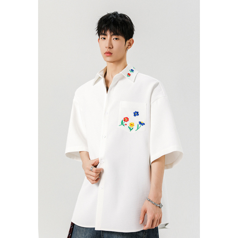 Men's Casual Shirts White Black Colorful Embroidered Flower Pattern Lapel M-5XL Plus Size Short Sleeve Shirt For Men Women