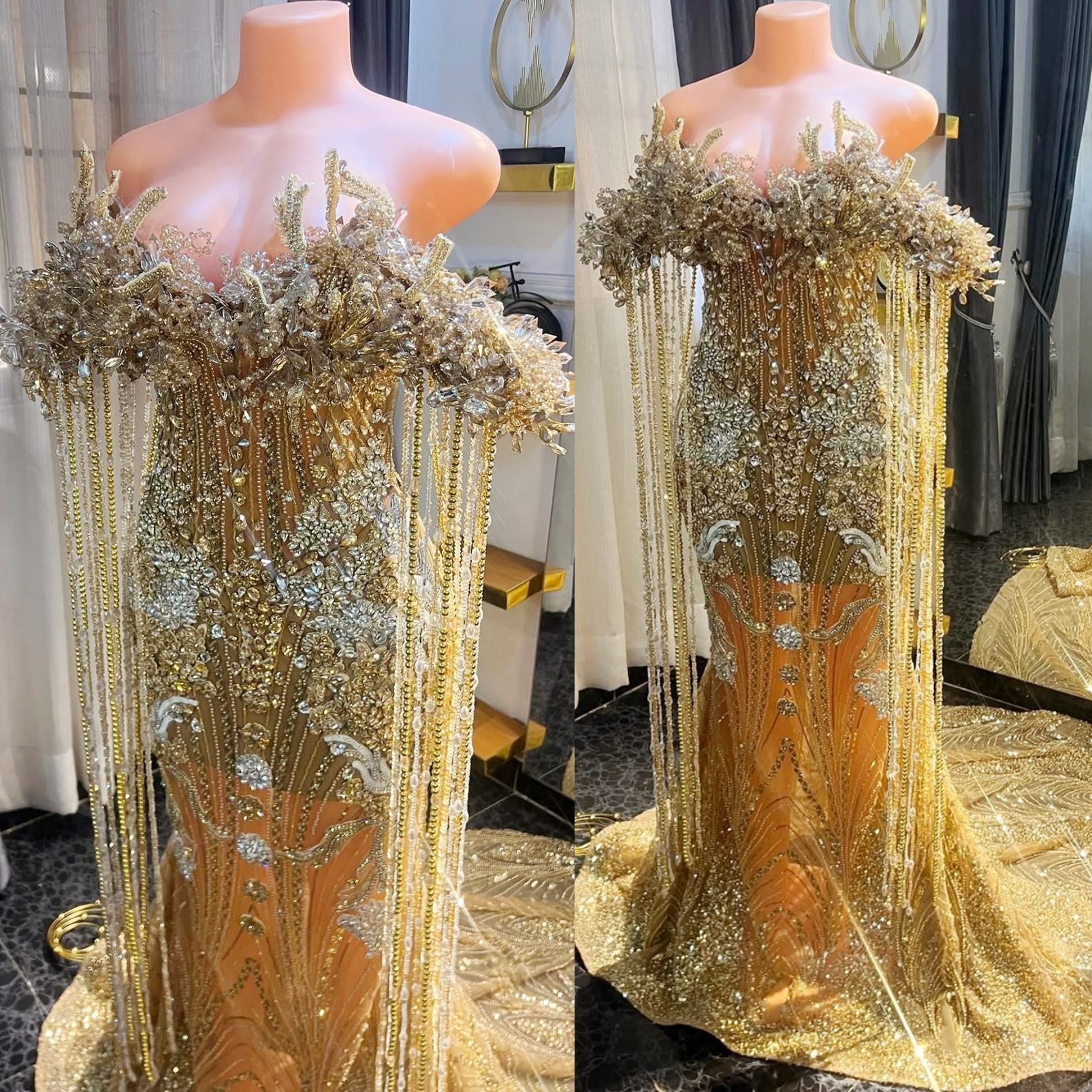 Gold Mermaid Prom Dresses 2025 Luxurious Crystals Beadings Sequined Evening Formal Party Second Birthday Engagement Gowns Plus Size Dress For Special 