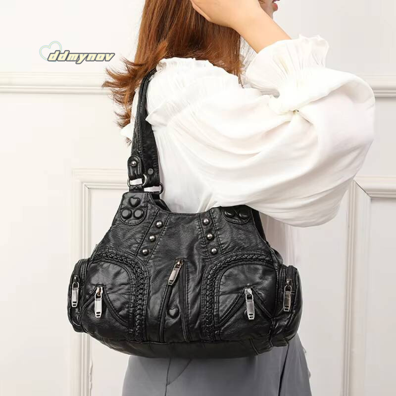 Black Y2k Women Shoulder Vintage Punk Goth Fashion Designer Pu Leather Tote Bag Large Capacity Rivet Motorcycle Handbag ddmynov