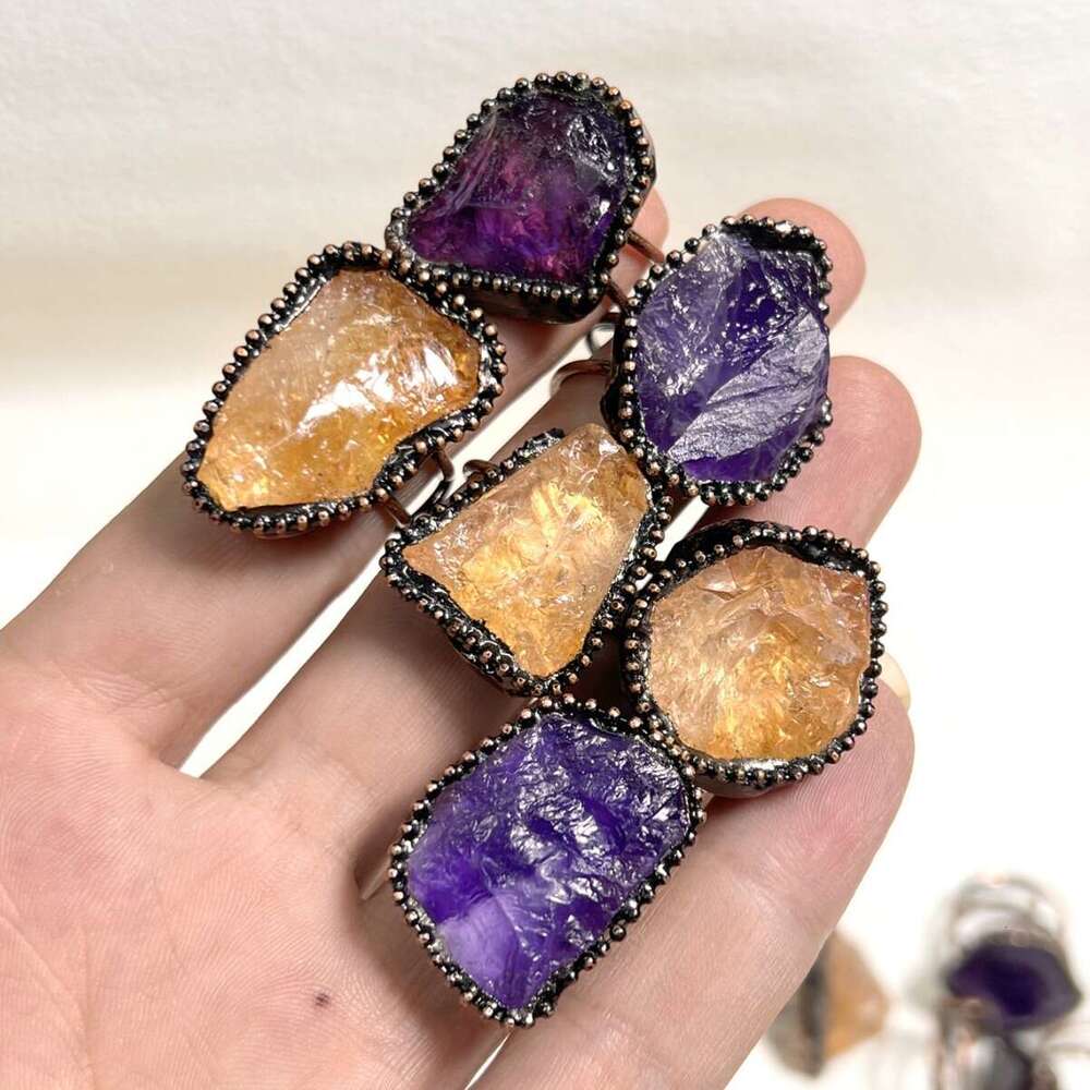Natural Amethyst Yellow Crystal Rough Irregular Open Adjustable Personality Ring
