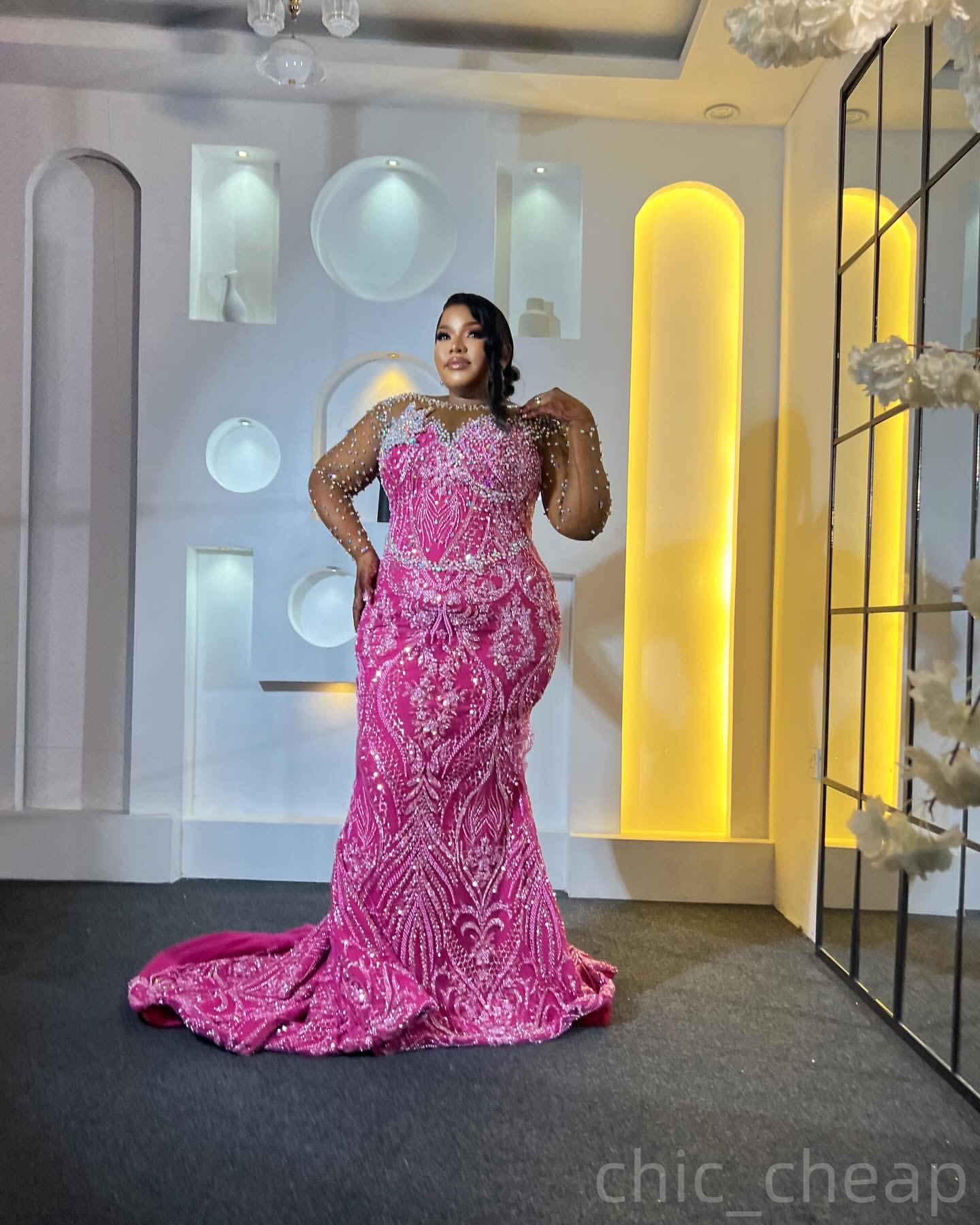 Fuchsia Mermaid Prom Dresses 2025 Crystals Sequined Lace Sparkly Evening Formal Party Second Birthday Engagement Gowns Plus Size Dress For Special Occ