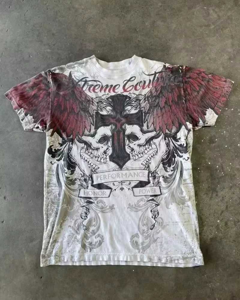 Men T-shirts Y2K Retro Women T-shirt Style Streetwear Tee Gothic Skull Cross Print Trendy Graphic Kid T-shirts X250613