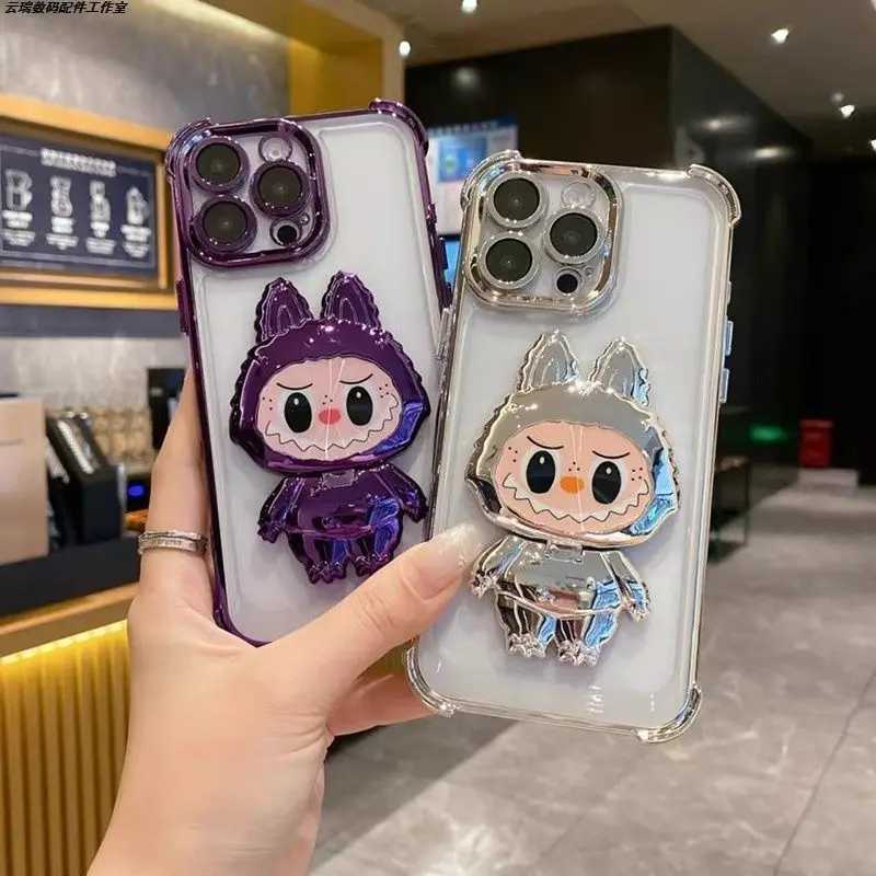 Labubu Makeup Mirror Holder Mobile Phone Case Suitable For iPhone Electroplated Lens Film Soft Shell Protective Cover Y250613