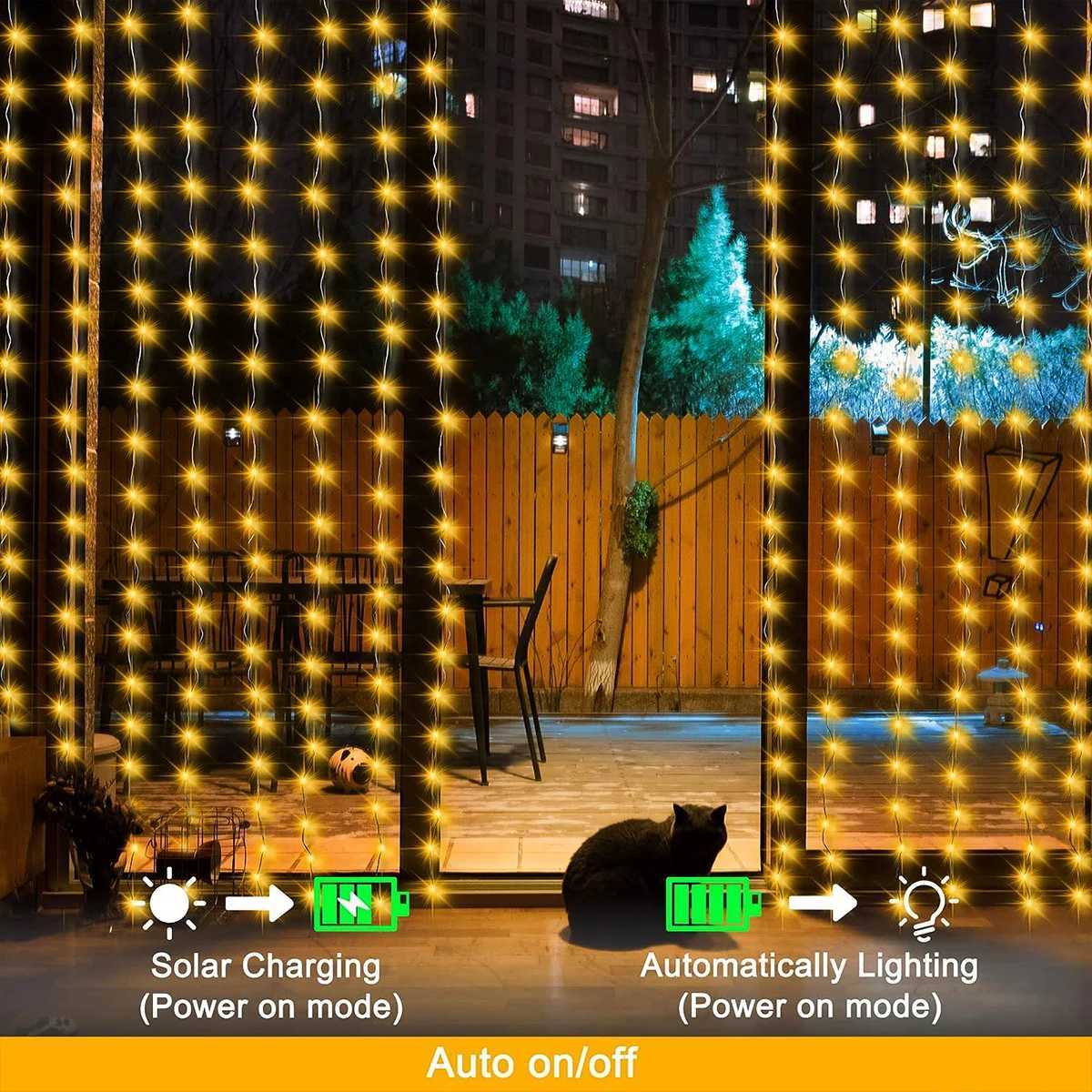 1 Pack 300 LED Solar Curtain Light Outdoor 8 Modes Fairy Lights IP44 Waterproof Garden Wall Christmas Decor 9.8Ftx9.8FtXJ250612