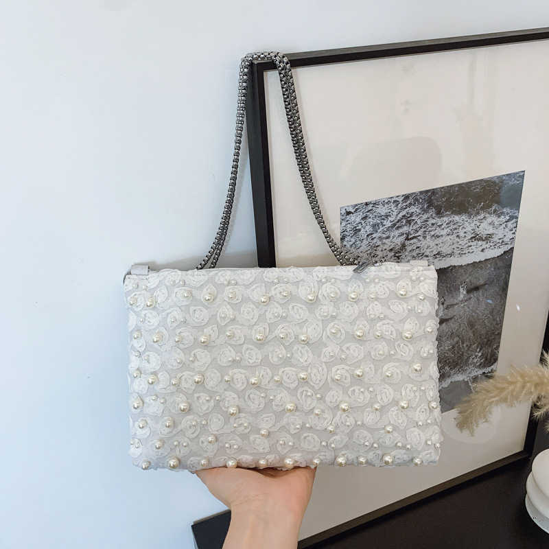 Exquisite Mesh 3d Flower White Pearl Decorated Shoulder Bag Trendy Fashion Metal Chain Square Bag 250615
