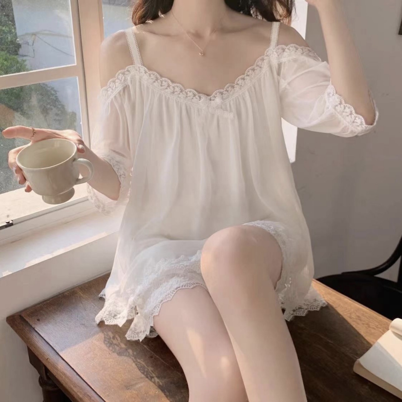 B923-One-shoulder pajamas set summer home clothes thin style ladies pure desire princess style autumn