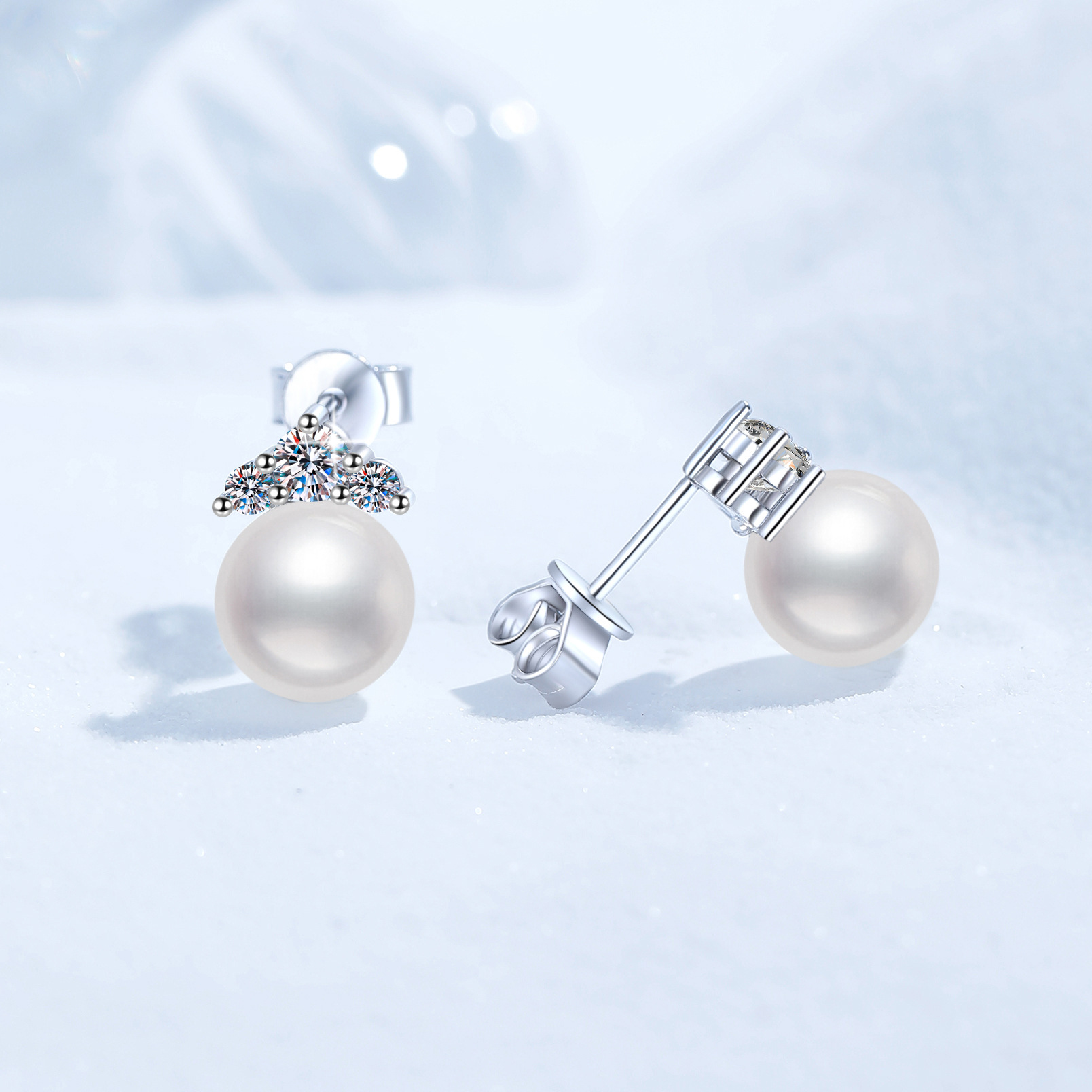 S925 Sterling Silver Earrings, Princess Style Near-Round Freshwater Pearl Studs, Women's Moissanite Earrings, Fashion High-End Stud Earrings