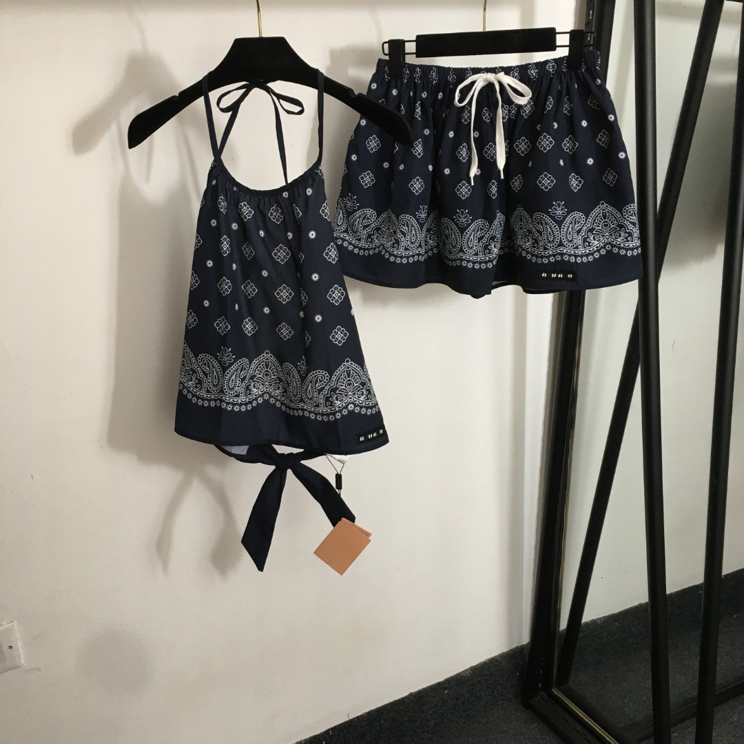 dress women designer dress girl brand summer Two piece set fashion printing logo ladies Hanging neck camisole vest top lady high waist short skirt Jun 12