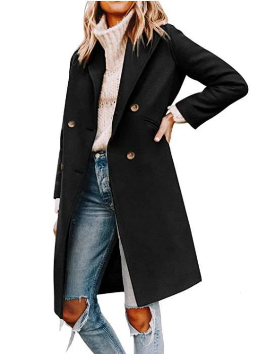 Womens Winter Wool Coat Casual Notch Lapel Single-Breasted Peacoat Fashion Office Lady Trench Peacoat Jackets 250606