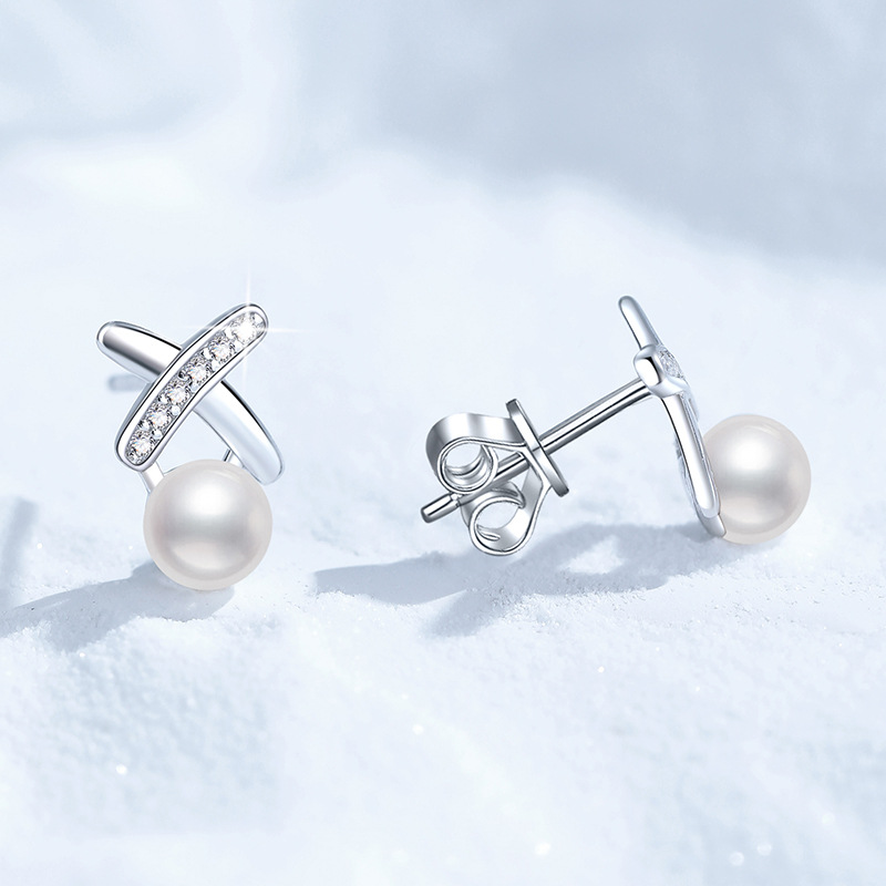 S925 Sterling Silver Earrings, Freshwater Pearl Stud Earrings, Women's Korean Style X-Shape D-Color Moissanite Studs, Fashion High-End Earrings, 