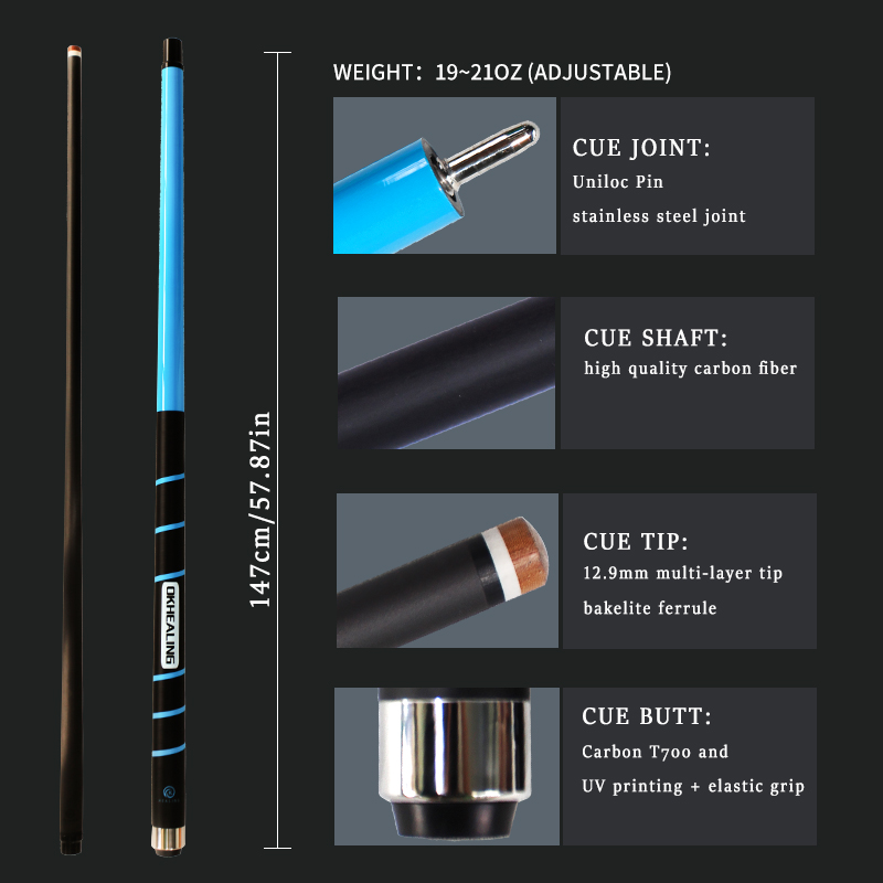 OKHEALING 1/2 Split Blue Carbon Fiber Pool Cue Bakelite Tip 12.9mm Length 58in Weight Adjust 19~21oz Uni-loc or 3 Teeth Joint Billiard Cues Pool Game 