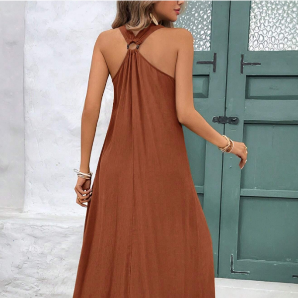 Basic casual dress; V-neck with shoulder straps long dress; women's summer bohemian sleeveless dress for beach travel party wear