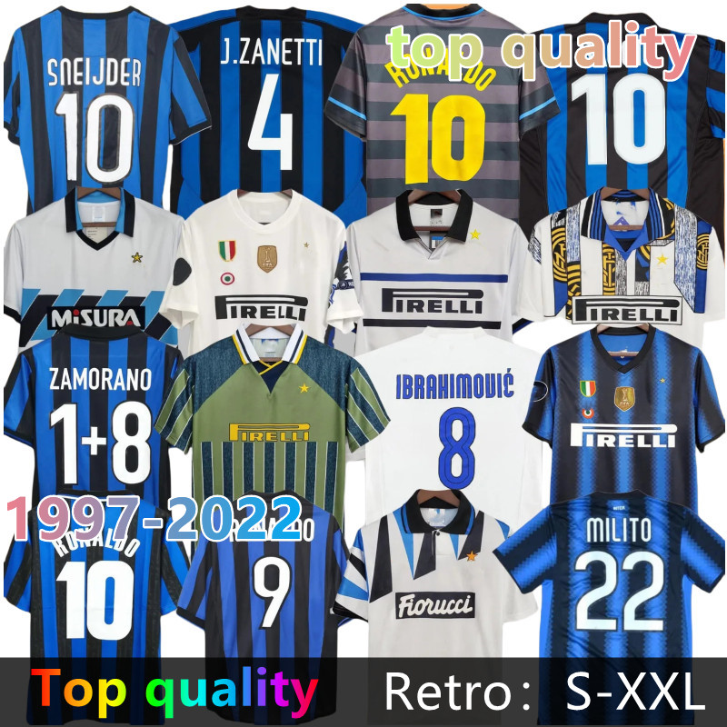 Inters MilanS Retro soccer jerseys RONALDO 01 02 03 04 05 07 08 09 10 11 12 FIGO SNEIJDER MILITO MILANS IBRAHIMOUIC Vintage football shirt 2001 2002 2003 2004 2005 2009