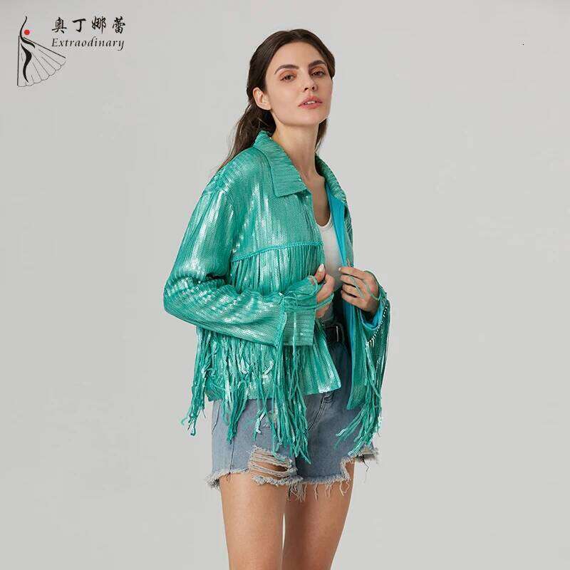 Fashion Mint green Fringe cool girl western cowboy matte Sequin Jacket