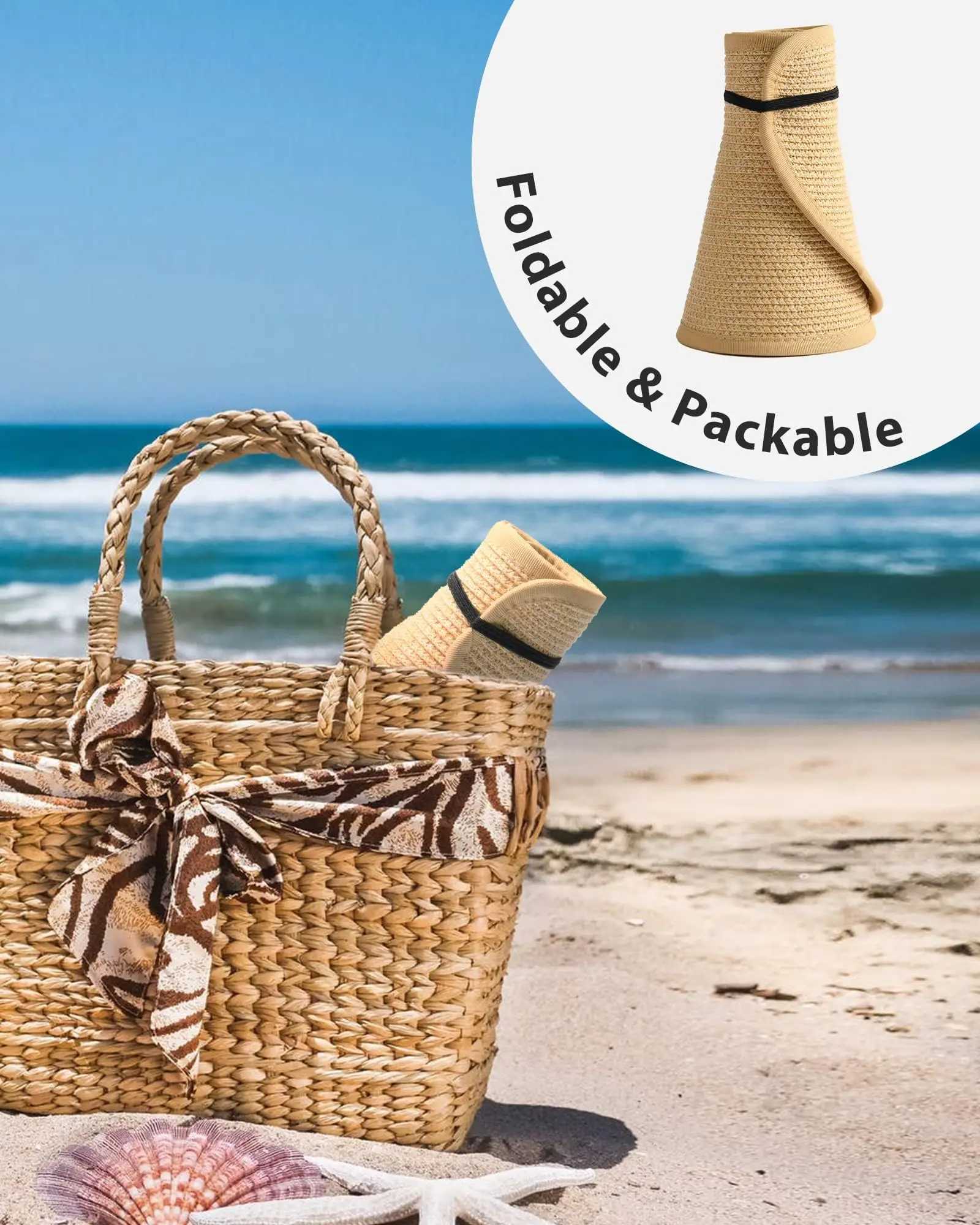 Womens Wide Brim Straw Sun Visor Hat with Ponytail Hole - High UV UPF Protection Packable Foldable - Ideal for Summer Beach U250613