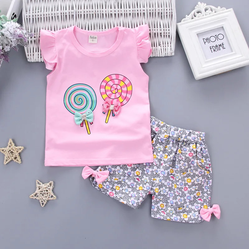 1Set Summer Baby Girls Clothes Sets for Kid T-shirt TopShort Pant Clothes Set Toddler Girl Lollipop Printed Infant Clothing Set 250613