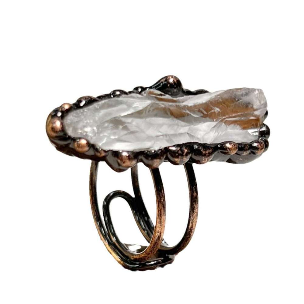 Natural Light Green Crystal Rough Irregular Open Adjustable Personality Ring in Antique Bronze