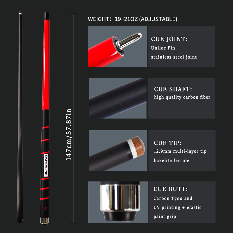 OKHEALING 1/2 Split Red Carbon Fiber Pool Cue Bakelite Tip 12.9mm Length 58in Weight Adjust 19~21oz Uni-loc or 3 Teeth Joint Billiard Cues Pool Game C