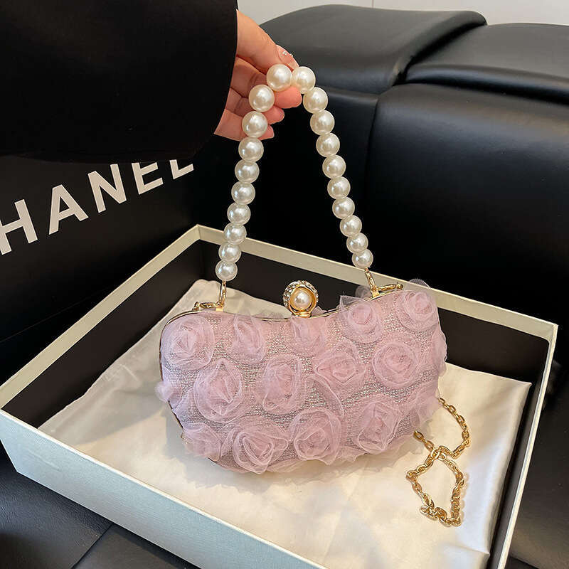 Sweet Chiffon Floral Evening Handbag Box for Women 2025 New Pearl New Chain Lock Single Shoulder Crossbody Bag