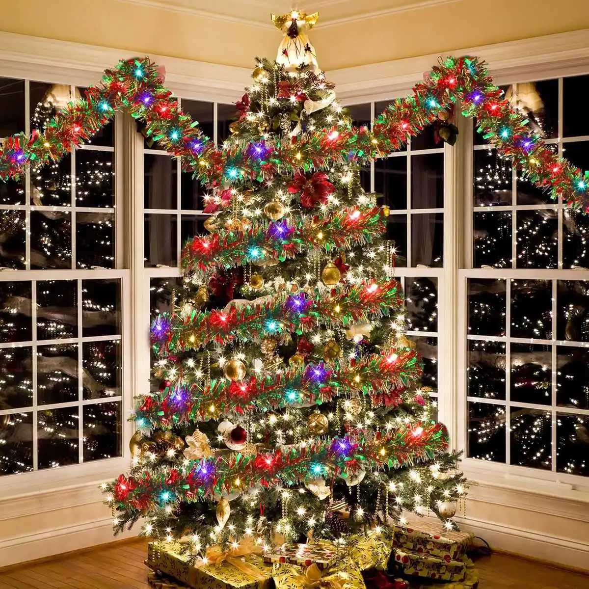 1pc Christmas Tinsel Garland Metallic Shiny Garland With LED Lights Christmas Tree Garland Thick Hanging Suitable For Home Decor XJ250612