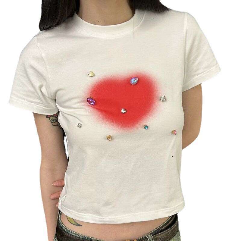 hoodie Women's Wear Y2k Hot Girl Heartbreak Diamond Short Sleeve Slim Fit Base Shirt American Style Gradient Round Neck T-Shirt Ins jacket