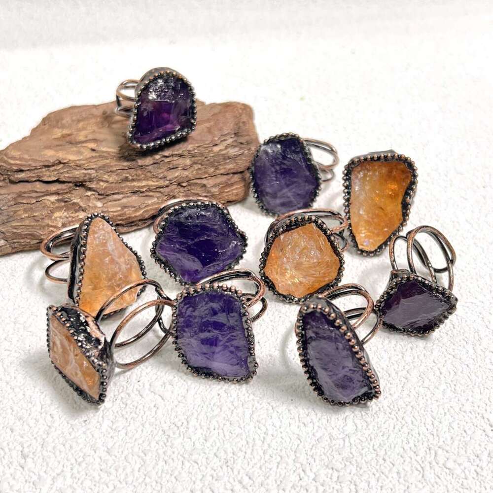 Natural Amethyst Yellow Crystal Rough Irregular Open Adjustable Personality Ring