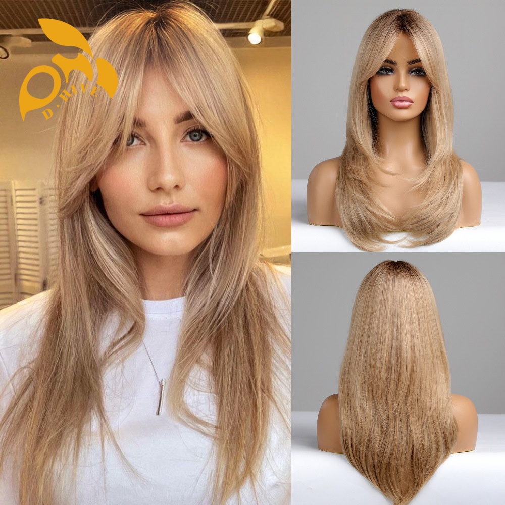 Free shipping Hair Wigs for womans wigs human hair large wave bang long curly hairfull head set women's wig color Golden Burgundy gradient