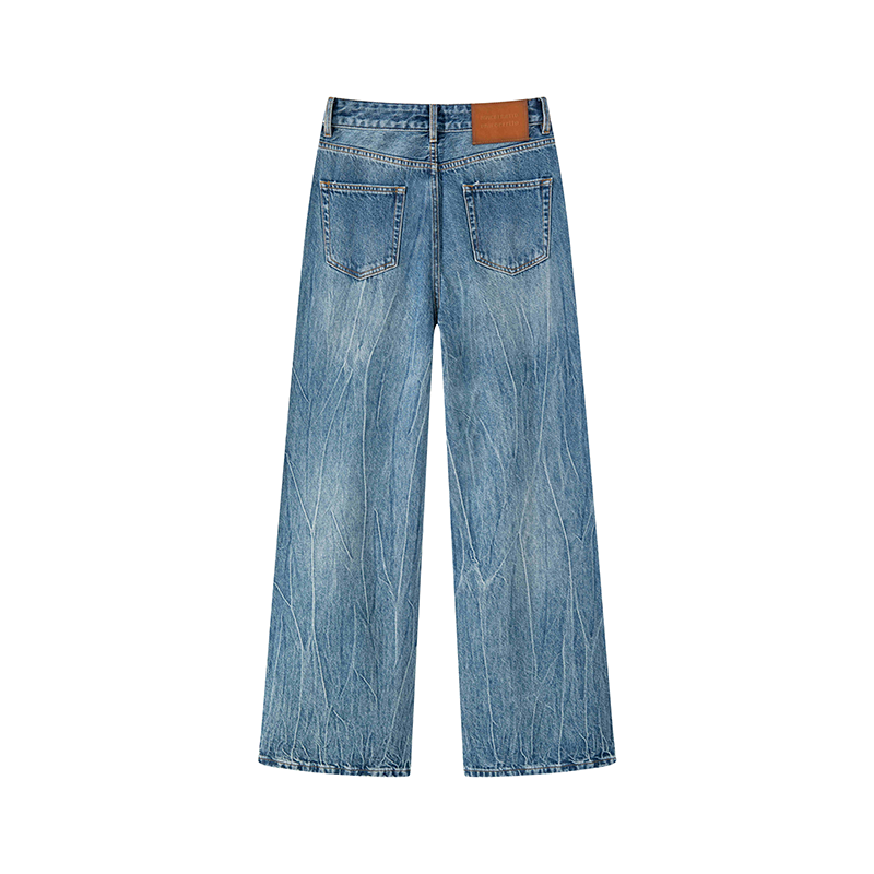Slim waist cobalt blue ladies jeans, loose cut, soft fabric wide-leg pants. Wear comfortable YKK zipper wide-leg pants K70542