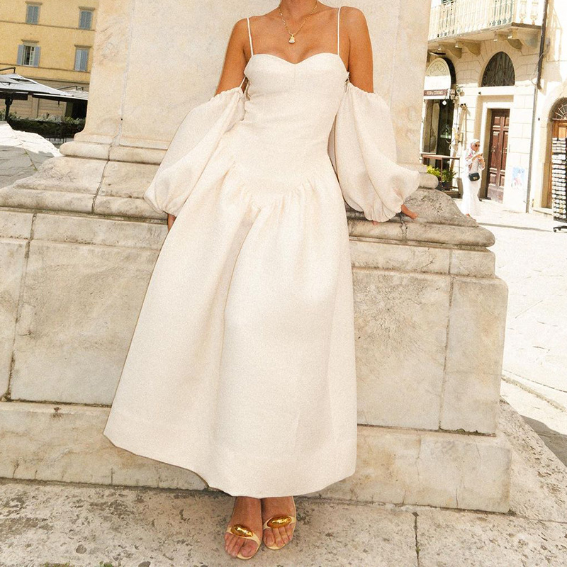 XX230 Women's Spring and Summer New Women's Solid Color Suspender Puff Sleeve Dress Evening Dress