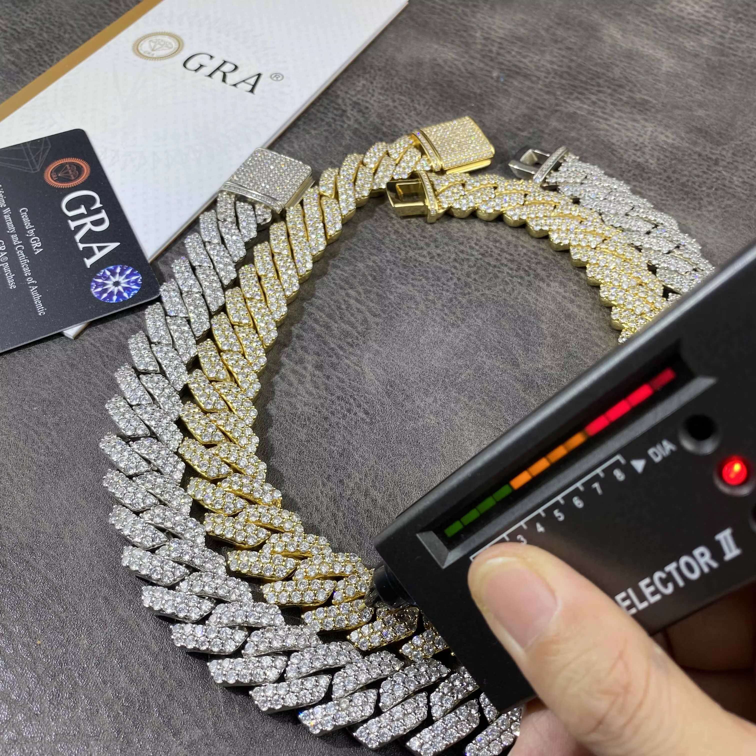 OACOCA 19mm 2rows VVS Moissanite S925 Sterling Silver Prong Cuban Link Chain Necklace for Men