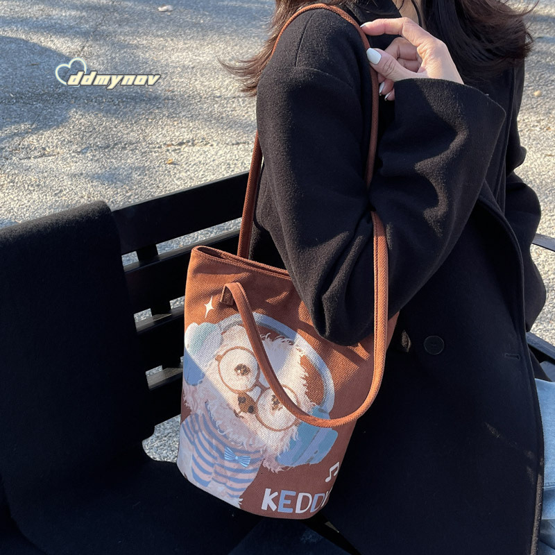 Canvas for Women New Korean Style Graffiti Illustration Shoulder Trendy Cute Lightweight Travel Versatile Fashion Women's Bag ddmynov