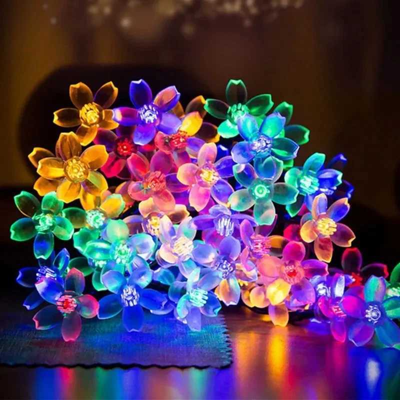 Solar Cherry String Lights Outdoor Sakura Garlands Peach Flower LED Night Lamp for Wedding Party Tree Garden Flower Bed Decoration XJ250612