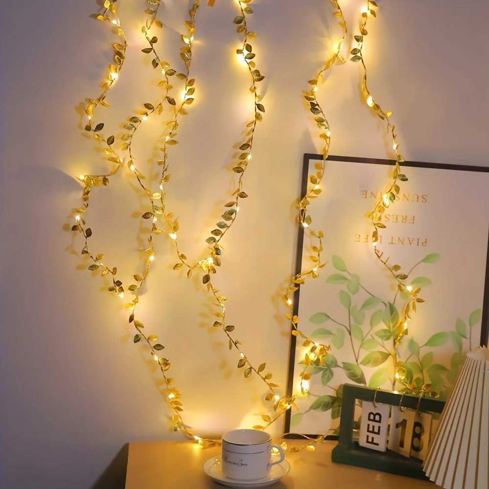 1Pcs 5M 50LED Golden Tiny Leaves Fairy Light Battery Powered LED Copper Wire String Lights For Wedding Home Party DIY Xmas Decor XJ250612