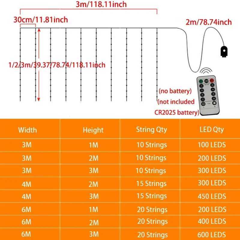 3M LED Curtain String Lights Fairy Decoration USB Holiday Garland Lamp 8 Mode For Home Garden Christmas Party New Year WeddingXJ250612