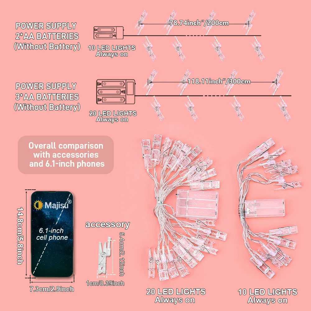 1PC Photos Clips String Lights 20/10 LED Battery Operated Fairy String Lights for Hanging Pictures Party Festival Indoor Decor XJ250612