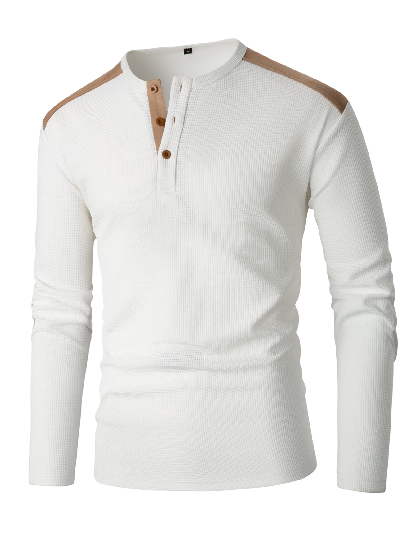 Men's Comfort Texture Fabric Waffle Splicing Color Contrasting Metal Button Outdoor Sports and Leisure Henley Shirt